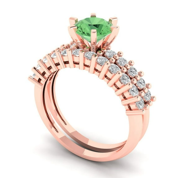 Clara Pucci 14K Rose Gold Round Cut 1Ct Simulated Green Diamond Engagement Ring + Matching Band - Luxury Box Included