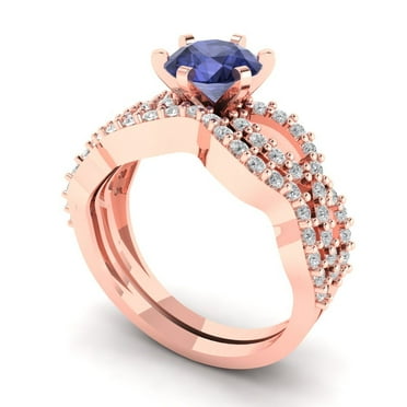 Clara Pucci 14K Rose Gold Round Cut 1Ct Simulated Tanzanite Engagement Ring + Matching Band - Luxury Box Included