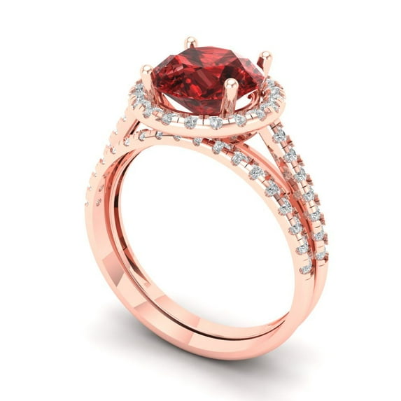 Clara Pucci 14K Rose Gold Round Cut 2Ct Natural Garnet Engagement Ring + Matching Band - Luxury Box Included
