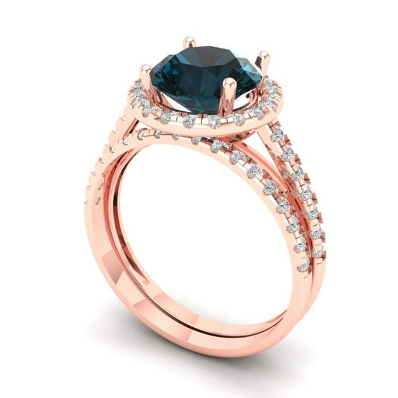 Clara Pucci 14K Rose Gold Round Cut 2Ct Natural London Blue Topaz Engagement Ring + Matching Band - Luxury Box Included