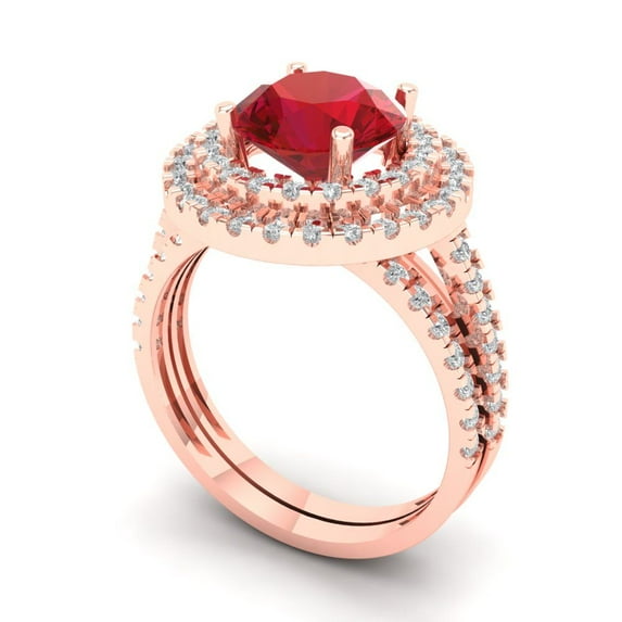 Clara Pucci 14K Rose Gold Round Cut 2Ct Simulated Ruby Engagement Ring + Matching Band - Luxury Box Included