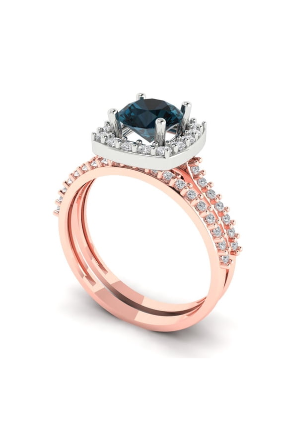 14K Rose/White Gold 1.495 Natural London Blue Topaz Engraveable Engagement Ring + Wedding Band Set