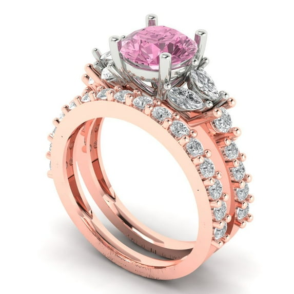 Clara Pucci 14K Rose/White Gold 2.94 Simulated Pink Diamond Engraveable Engagement Ring + Wedding Band Set