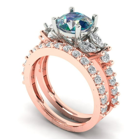 Clara Pucci 14K Rose/White Gold 2.94 Synthetic Blue Moissanite Engraveable Engagement Ring + Wedding Band Set