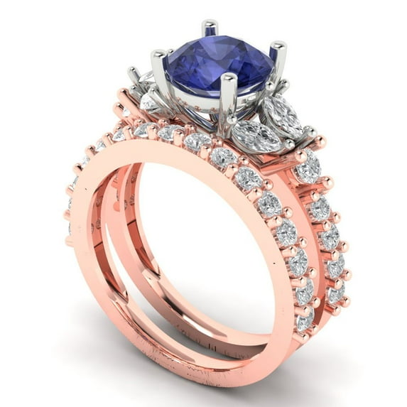 Clara Pucci 14K Rose/White Gold Round Cut 1.5Ct Simulated Tanzanite Engagement Ring + Matching Band - Luxury Box Included