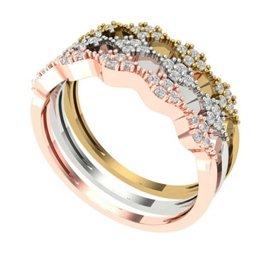 Clara Pucci 14K Tri-Tone Solid Gold Custom Laser Engraved Women's Solid Gold Ring Stackable Statement Band With Round Cut 0.3TCW