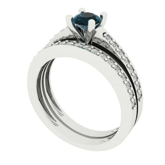 Clara Pucci 14K White Gold 0.86 Natural London Blue Topaz Engraveable Engagement Ring + Wedding Band Set