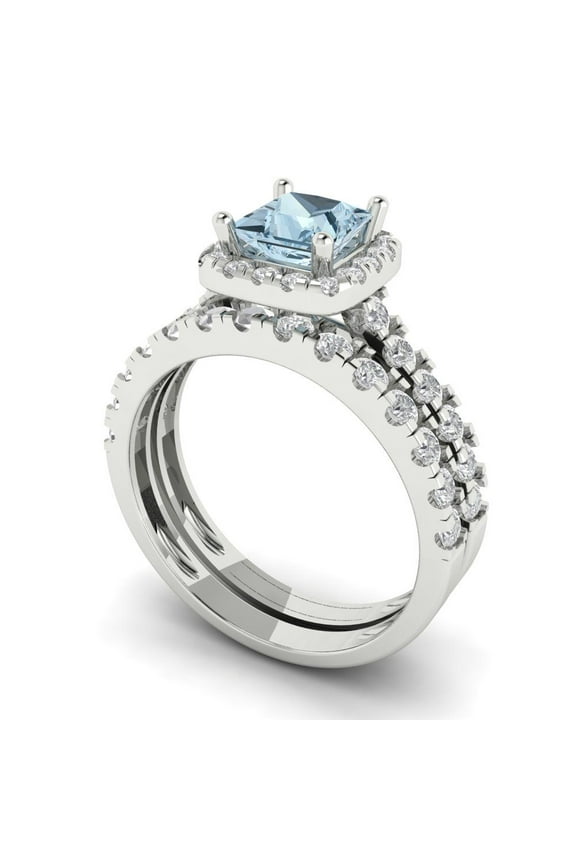 14K White Gold 1.56 Natural Aquamarine Engraveable Engagement Ring + Wedding Band Set