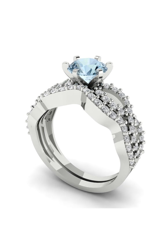14K White Gold 1.57 Natural Aquamarine Engraveable Engagement Ring + Wedding Band Set