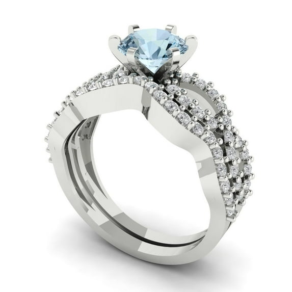 Clara Pucci 14K White Gold 1.57 Natural Aquamarine Engraveable Engagement Ring + Wedding Band Set