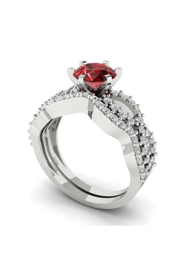 14K White Gold 1.57 Natural Garnet Engraveable Engagement Ring + Wedding Band Set