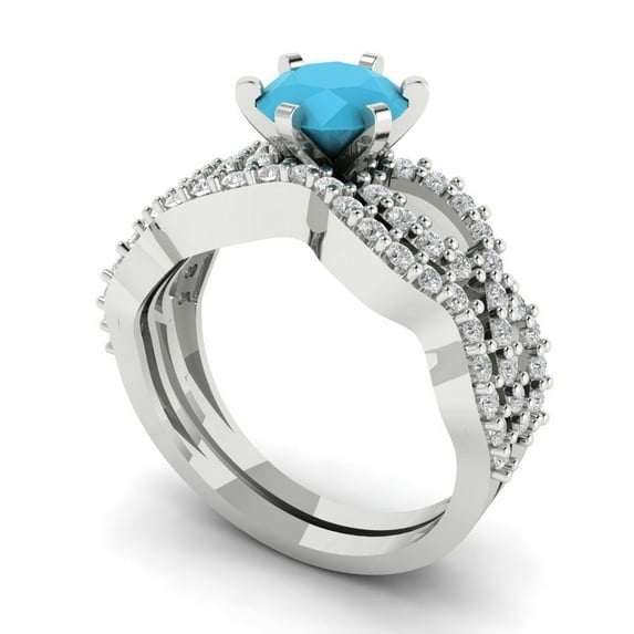 Clara Pucci 14K White Gold 1.57 Simulated Turquoise Engraveable Engagement Ring + Wedding Band Set
