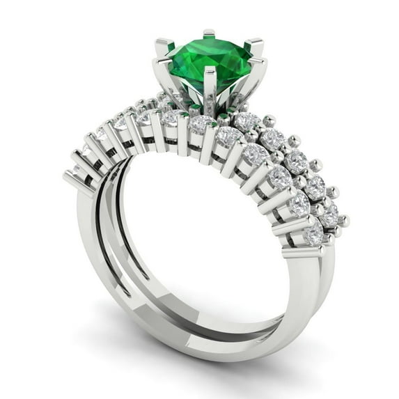 Clara Pucci 14K White Gold 1.66 Simulated Emerald Engraveable Engagement Ring + Wedding Band Set