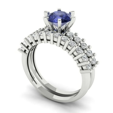 Clara Pucci 14K White Gold 1.66 Simulated Tanzanite Engraveable Engagement Ring + Wedding Band Set