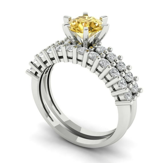 Clara Pucci 14K White Gold 1.66 Synthetic Yellow Moissanite Engraveable Engagement Ring + Wedding Band Set