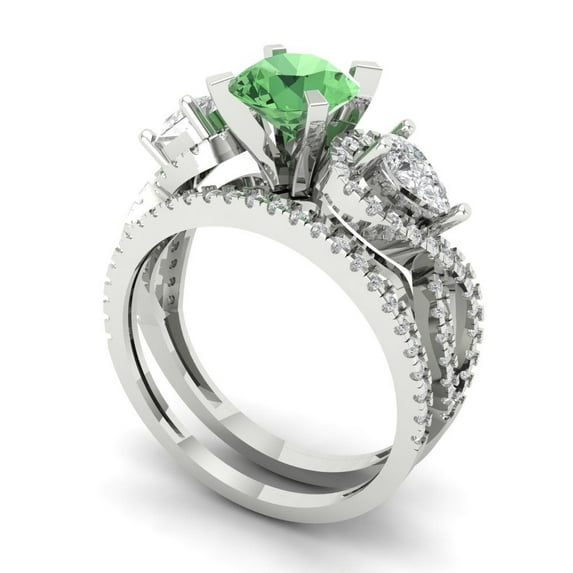 Clara Pucci 14K White Gold 1.925 Simulated Green Diamond Engraveable Engagement Ring + Wedding Band Set
