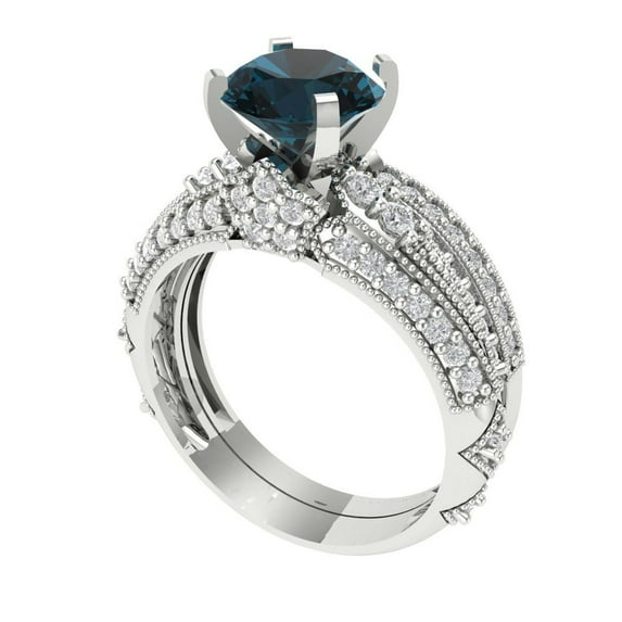 Clara Pucci 14K White Gold 2.095 Natural London Blue Topaz Engraveable Engagement Ring + Wedding Band Set