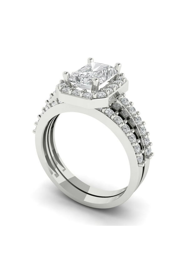 14K White Gold 2.16 Simulated Clear Diamond Engraveable Engagement Ring + Wedding Band Set