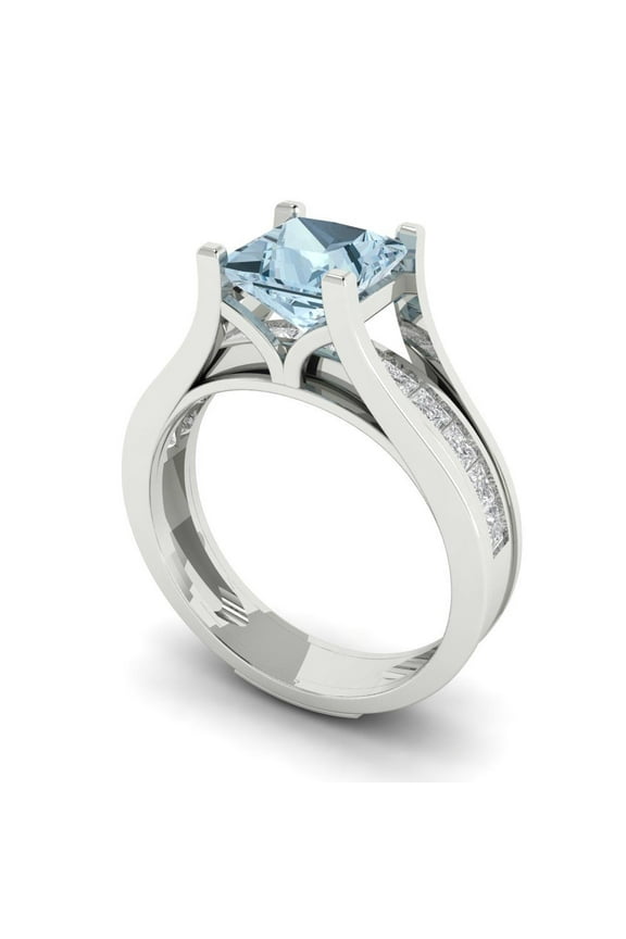 14K White Gold 2.28 Natural Aquamarine Engraveable Engagement Ring + Wedding Band Set