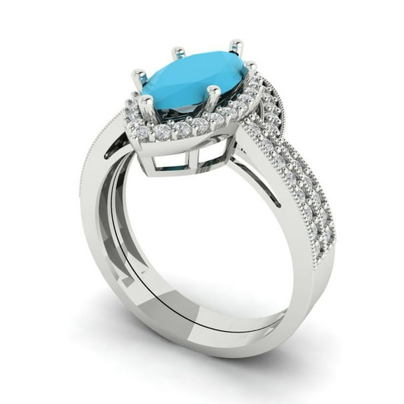 Clara Pucci 14K White Gold 2.4875 Simulated Turquoise Engraveable Engagement Ring + Wedding Band Set