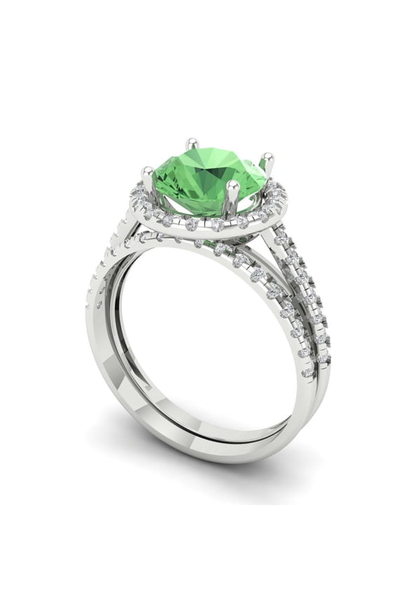 14K White Gold 2.52 Simulated Green Diamond Engraveable Engagement Ring + Wedding Band Set