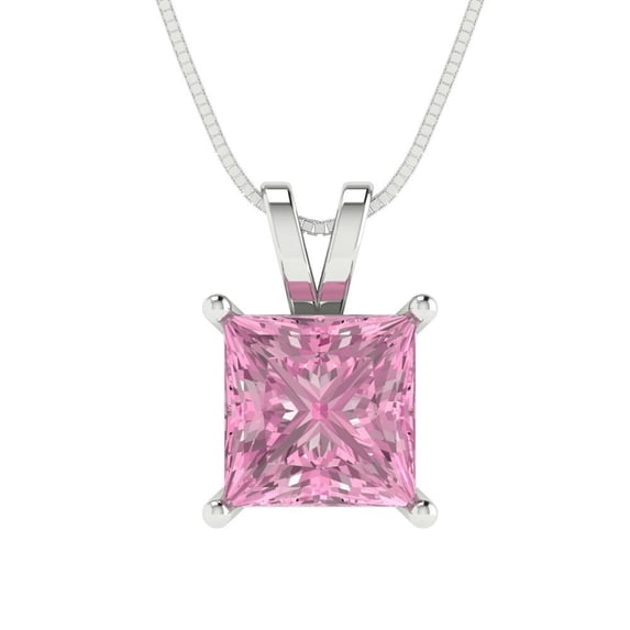 Clara Pucci 14K White Solid Hypoallergenic Gold 2.5Ct Pink Zircon Princess Cut Solitaire Designer Necklace Pendant For April