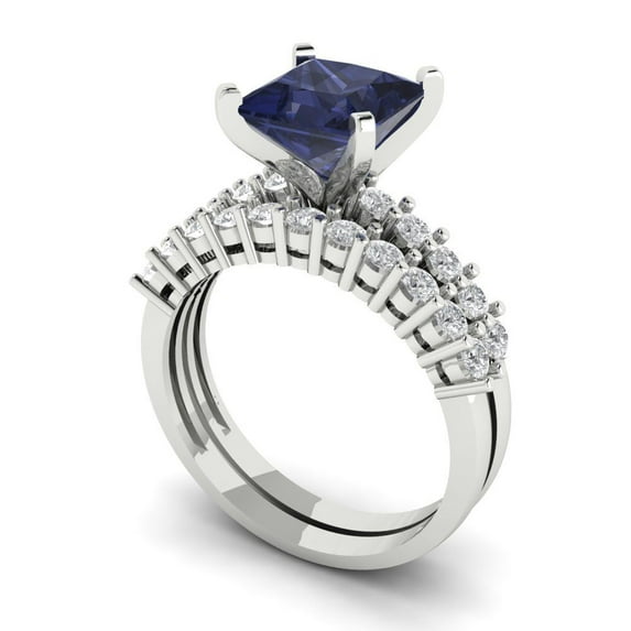 Clara Pucci 14K White Gold 2.63 Simulated Blue Sapphire Engraveable Engagement Ring + Wedding Band Set