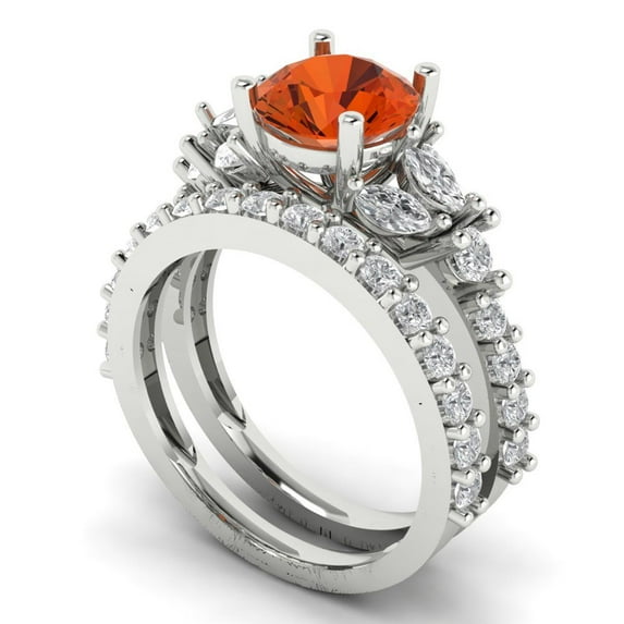Clara Pucci 14K White Gold 2.94 Simulated Red Diamond Engraveable Engagement Ring + Wedding Band Set