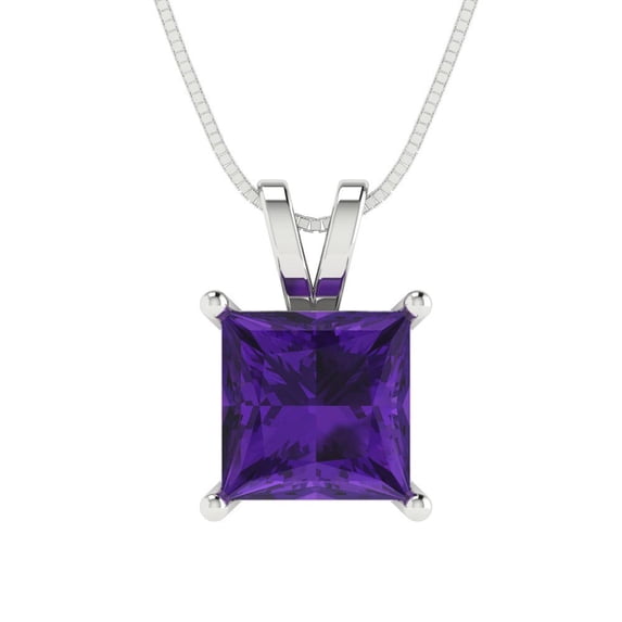 Clara Pucci 14K White Solid Hypoallergenic Gold 2Ct Natural Amethyst Princess Cut Solitaire Designer Necklace Pendant For February