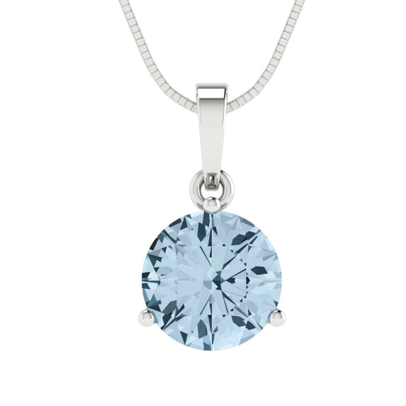 Clara Pucci 14K White Solid Hypoallergenic Gold 2Ct Natural Aquamarine Round Brilliant Cut Solitaire Designer Necklace Pendant For March