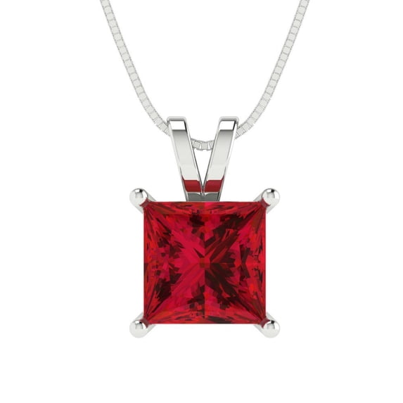 Clara Pucci 14K White Solid Hypoallergenic Gold 2Ct Ruby Princess Cut Solitaire Designer Necklace Pendant For July