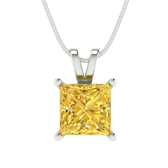 Clara Pucci 14K White Solid Hypoallergenic Gold 2Ct Yellow Zircon Princess Cut Solitaire Designer Necklace Pendant For April