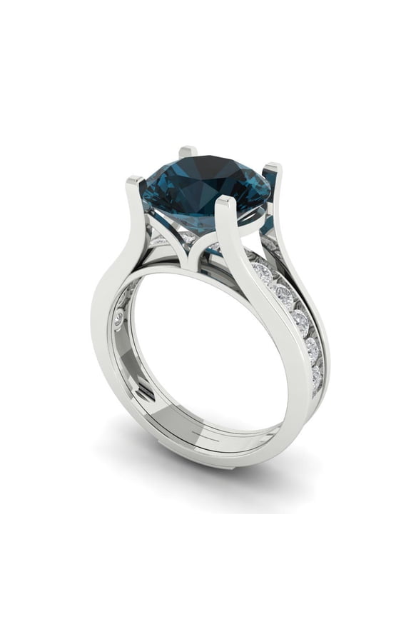 14K White Gold 3.39 Natural London Blue Topaz Engraveable Engagement Ring + Wedding Band Set