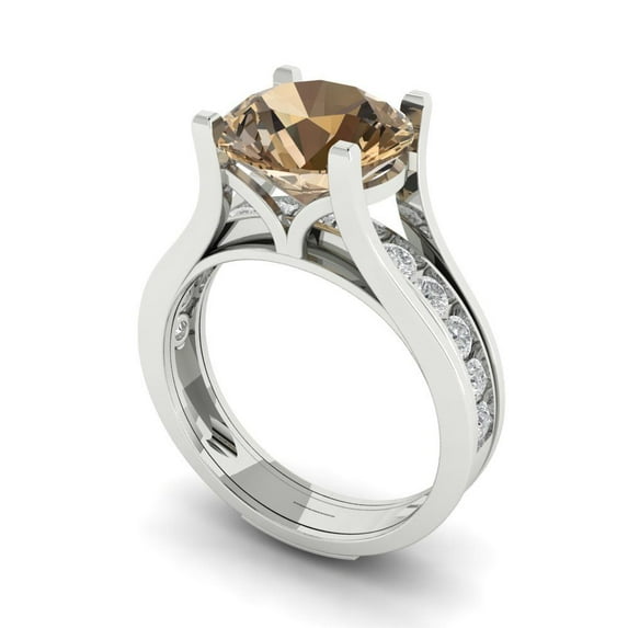 Clara Pucci 14K White Gold 3.39 Simulated Champagne Engraveable Engagement Ring + Wedding Band Set