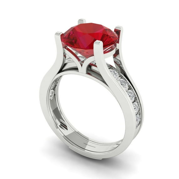 Clara Pucci 14K White Gold 3.39 Simulated Ruby Engraveable Engagement Ring + Wedding Band Set