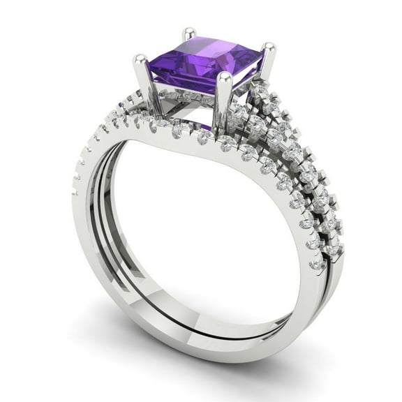 Clara Pucci 14K White Gold 3.4 Natural Amethyst Engraveable Engagement Ring + Wedding Band Set