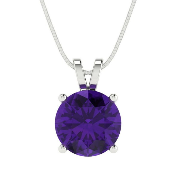 Clara Pucci 14K White Solid Hypoallergenic Gold 3Ct Natural Amethyst Round Brilliant Cut Solitaire Designer Necklace Pendant For February