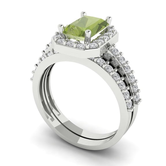 Clara Pucci 14K White Gold Emerald Cut 1.5Ct Natural Peridot Engagement Ring + Matching Band - Luxury Box Included