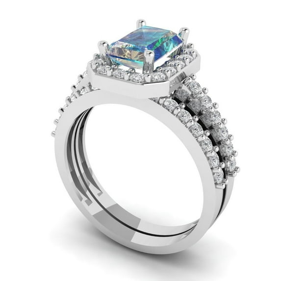 Clara Pucci 14K White Gold Emerald Cut 1.5Ct Synthetic Blue Moissanite Engagement Ring + Matching Band - Luxury Box Included