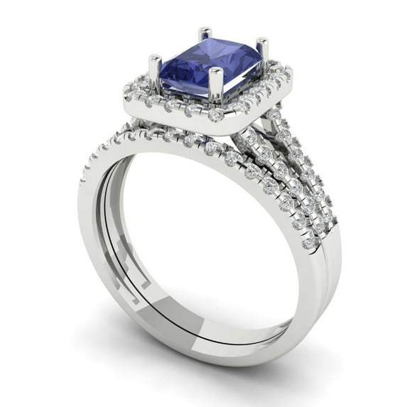 Clara Pucci 14K White Gold Emerald Cut 1Ct Simulated Tanzanite Engagement Ring + Matching Band - Luxury Box Included