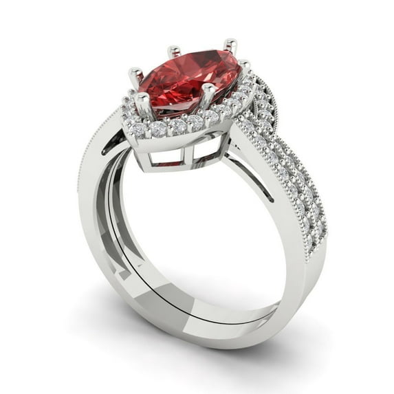 Clara Pucci 14K White Gold Marquise Cut 2Ct Natural Garnet Engagement Ring + Matching Band - Luxury Box Included