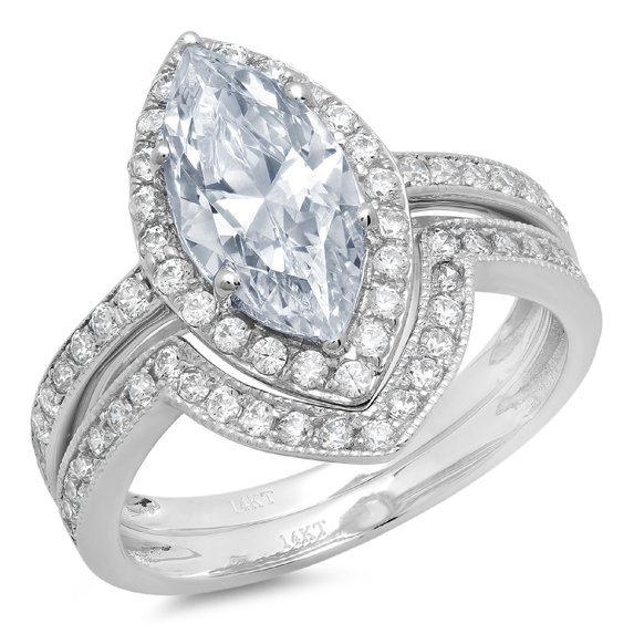Clara Pucci 14K White Gold Marquise Cut 2Ct Natural Swiss Blue Topaz Engagement Ring + Matching Band - Luxury Box Included