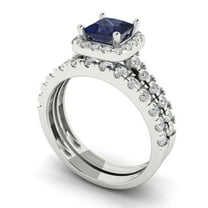 Clara Pucci 14K White Gold Princess Cut 0.75Ct Simulated Blue Sapphire Engagement Ring Matching Band - Luxury Box Included