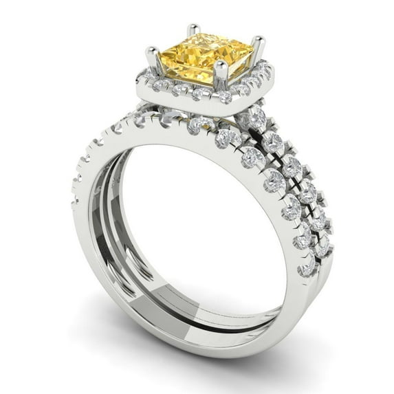 Clara Pucci 14K White Gold Princess Cut 0.75Ct Simulated Yellow Diamond Engagement Ring + Matching Band - Luxury Box Included