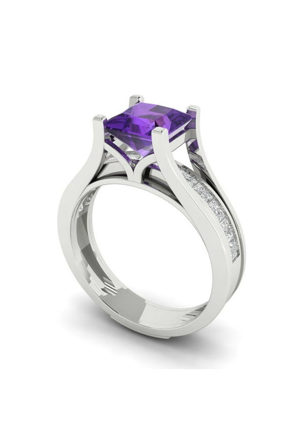 14K White Gold Princess Cut 1.5Ct Natural Amethyst Engagement Ring + Matching Band - Luxury Box Included