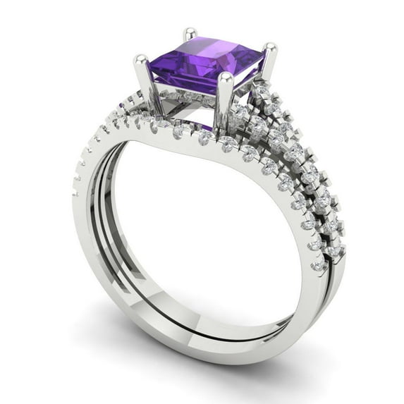 Clara Pucci 14K White Gold Princess Cut 1Ct Natural Amethyst Engagement Ring + Matching Band - Luxury Box Included