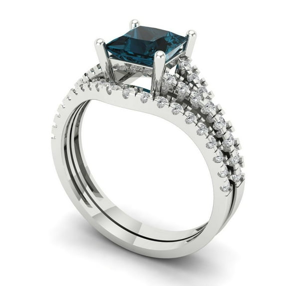 Clara Pucci 14K White Gold Princess Cut 1Ct Natural London Blue Topaz Engagement Ring + Matching Band - Luxury Box Included