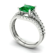 Clara Pucci 14K White Gold Princess Cut 1Ct Simulated Emerald Engagement Ring   Matching Band - Luxury Box Included