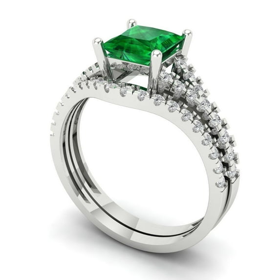 Clara Pucci 14K White Gold Princess Cut 1Ct Simulated Emerald Engagement Ring + Matching Band - Luxury Box Included
