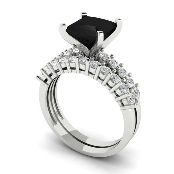 Clara Pucci 14K White Gold Princess Cut 2Ct Natural Onyx Engagement Ring + Matching Band - Luxury Box Included